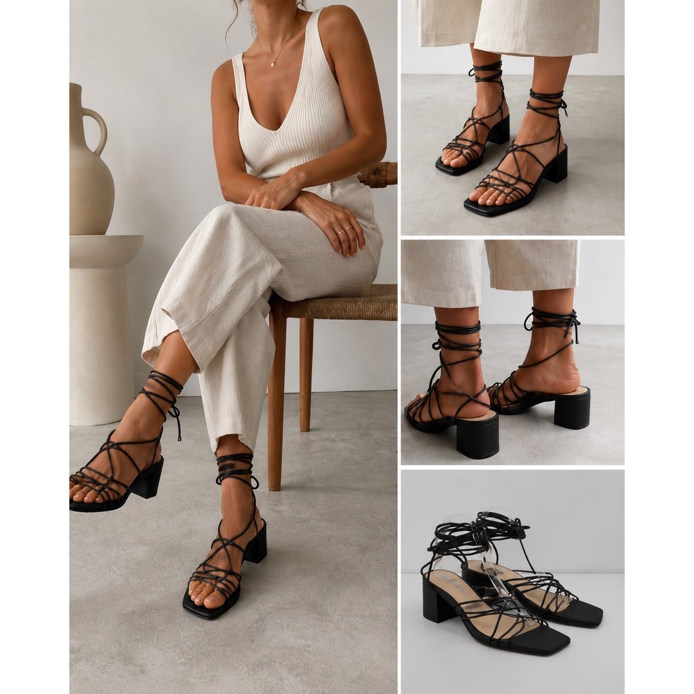 Porte & Paire  Black Leather Sandals Lace Up Block Heels Sz 40 US 9 Chic Square